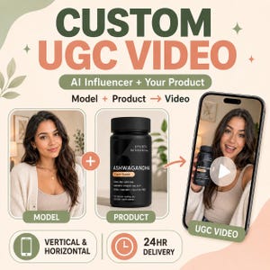 Puede incluir: Gráfico promocional para videos UGC personalizados. La imagen muestra una modelo, una botella de producto de Ashwagandha y un teléfono que muestra un video. El texto incluye "Custom UGC Video", "AI Influencer + Your Product" y "24HR Delivery."