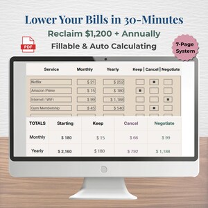May include: A computer screen shows a financial planning tool. The display features a table detailing expenses like "Netflix" and "Amazon Prime," with monthly and yearly costs. The text at the top reads "Lower Your Bills in 30-Minutes."