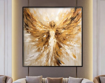 Golden Angel Painting, 100% Handmade, Gold Leaf Painting, Textured Painting, Wings Painting, Acrylic Abstract Oil Painting, Office Wall Art