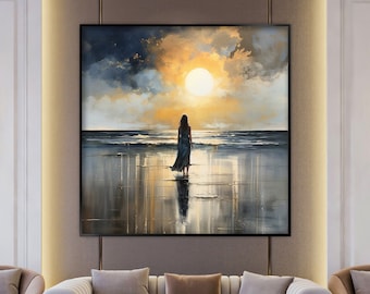 Mujer mirando el mar, 100% hecho a mano, atardecer, cielo y mar, pintura texturizada, pintura al óleo abstracta acrílica, decoración de pared sala de estar, playa