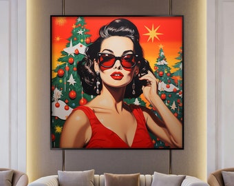Retrato de mujer, 100% hecho a mano, día de Navidad, mujer de rojo, pintura texturizada, pintura al óleo abstracta acrílica, árbol de Navidad, pared de oficina