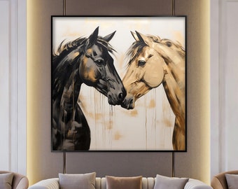 Caballo Pareja, 100% Hecho a Mano, Caballo Romántico, Caballo Negro y Beige, Pintura Texturizada, Pintura al Óleo Abstracta Acrílica, Caballos Enamorados, Moderno