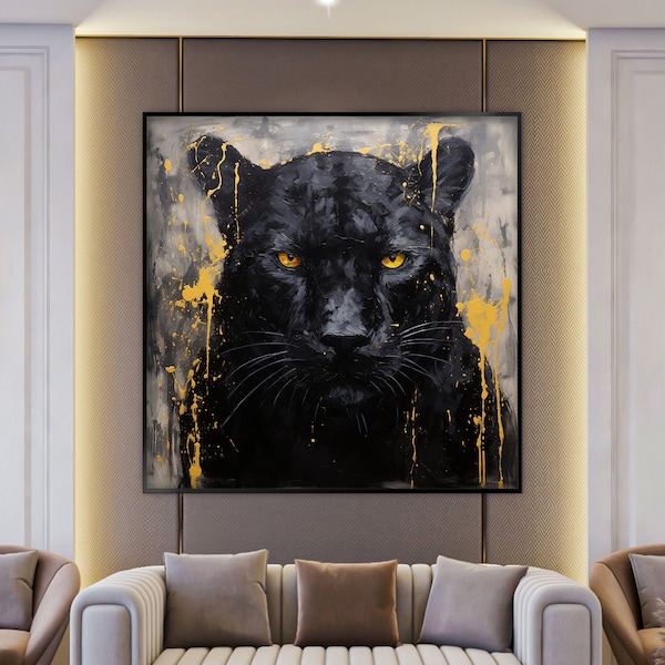 Black Cougar Painting, 100% Handmade, Cougar Portrait, Textured Painting, Acrylic Abstract Oil Painting, Panther Oil Painting, Office Wall