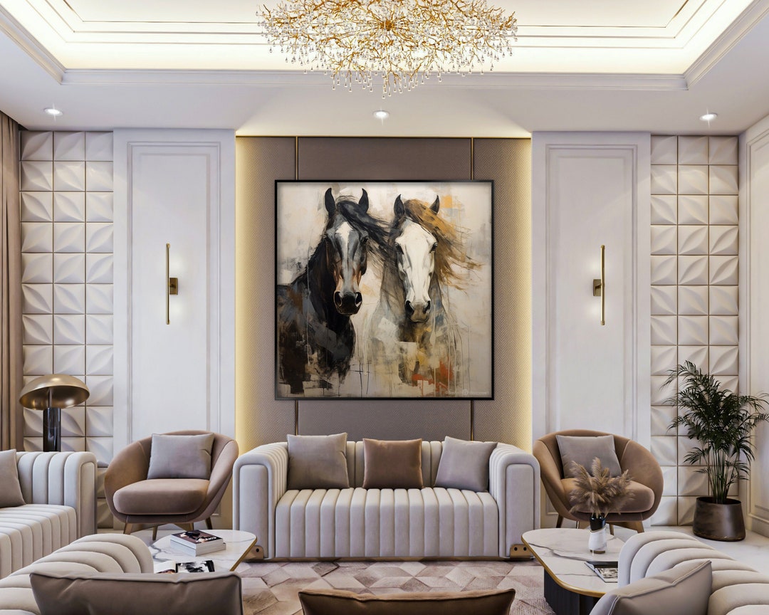 Black and White Horse Oil Painting, 100 Handmade, Textured Painting