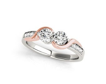 14k White And Rose Gold Round Two Diamond Curved Band Ring (5/8 cttw)