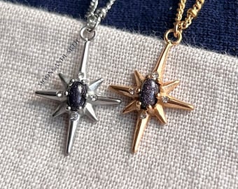 Satellite Necklace: Blue Goldstone, Zirconia crystal, Stainless Steel