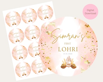 May include: Pink and gold round sticker with the text "Simran's First Lohri 13.01.2024" and a bonfire graphic.  Eight smaller round stickers with the text "Simran's First Lohri" and a bonfire graphic.