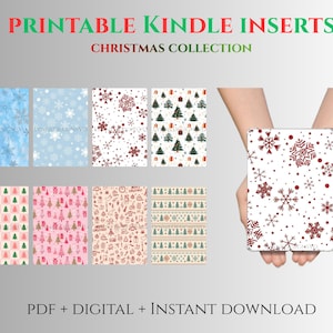 Puede incluir: Insertos Kindle imprimibles con temática navideña. La imagen muestra varios patrones, incluyendo copos de nieve, árboles de Navidad e iconos festivos. El texto dice "PRINTABLE KINDLE INSERTS CHRISTMAS COLLECTION" y "PDF + DIGITAL + INSTANT DOWNLOAD".