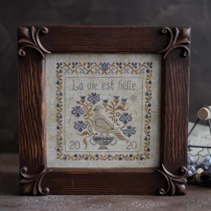 Puede incluir: Un bordado enmarcado con un diseño de pájaro y flores y el texto "La vie est belle". La obra de arte está en un marco de madera oscura con detalles ornamentales en las esquinas. La paleta de colores incluye tonos de marrón, azul y beige.