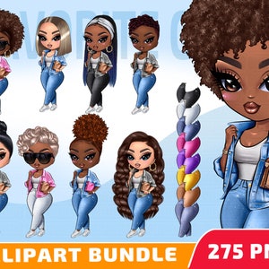 Clipartbundel denimmeisje - Afro-Amerikaanse modepoppen png, schattige chibi-meisje PNG, jeansmeisje-illustraties, curvy meisje, sublimatie afromeisje.