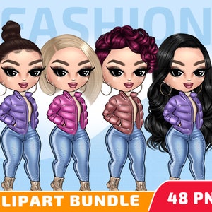 Pacchetto Clipart di moda: PNG bambola di moda, Clipart ragazza invernale, PNG ragazza primaverile, Clipart ragazza formosa, Clipart chibi, Clipart migliore amica.