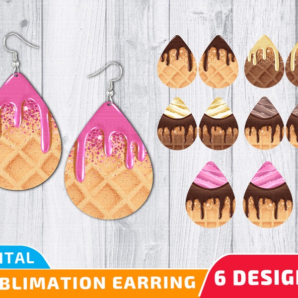 Ice Cream Earring Sublimation Design, Waffle Teardrop Earring Bundle PNG, Printable Glitter Pink Earrings, Chocolate PNG, Summer Earring PNG