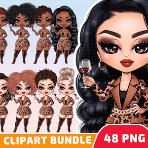 Latina Chibi Dolls PNG Bundle - Leopard Woman PNG, Wine Clipart, Chibi Girl PNG, Hispanic Girl Clipart, African American Dolls, Wine Girl