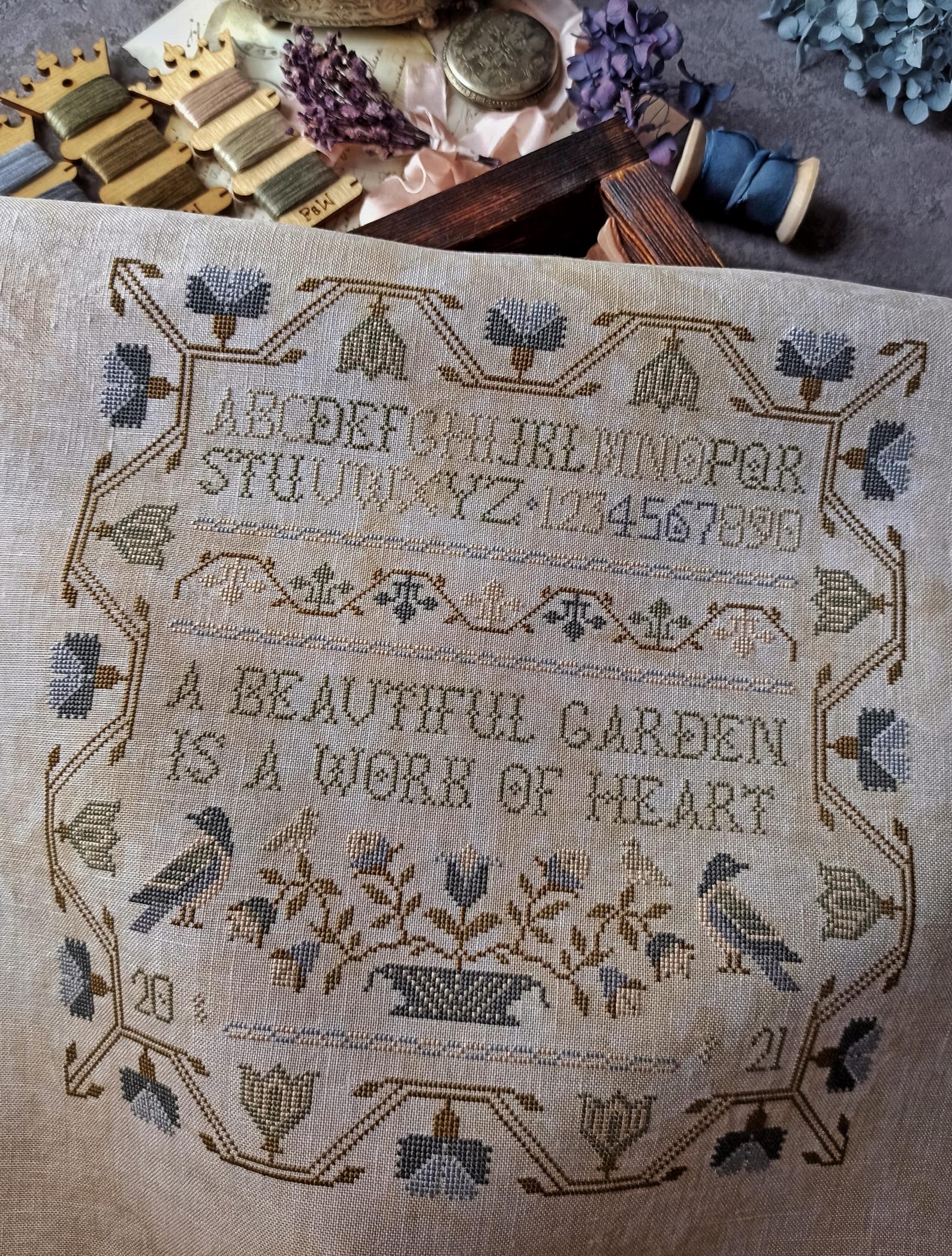 Garden Sampler Cross Stitch Pattern: Primitive Floral Design (PDF ...