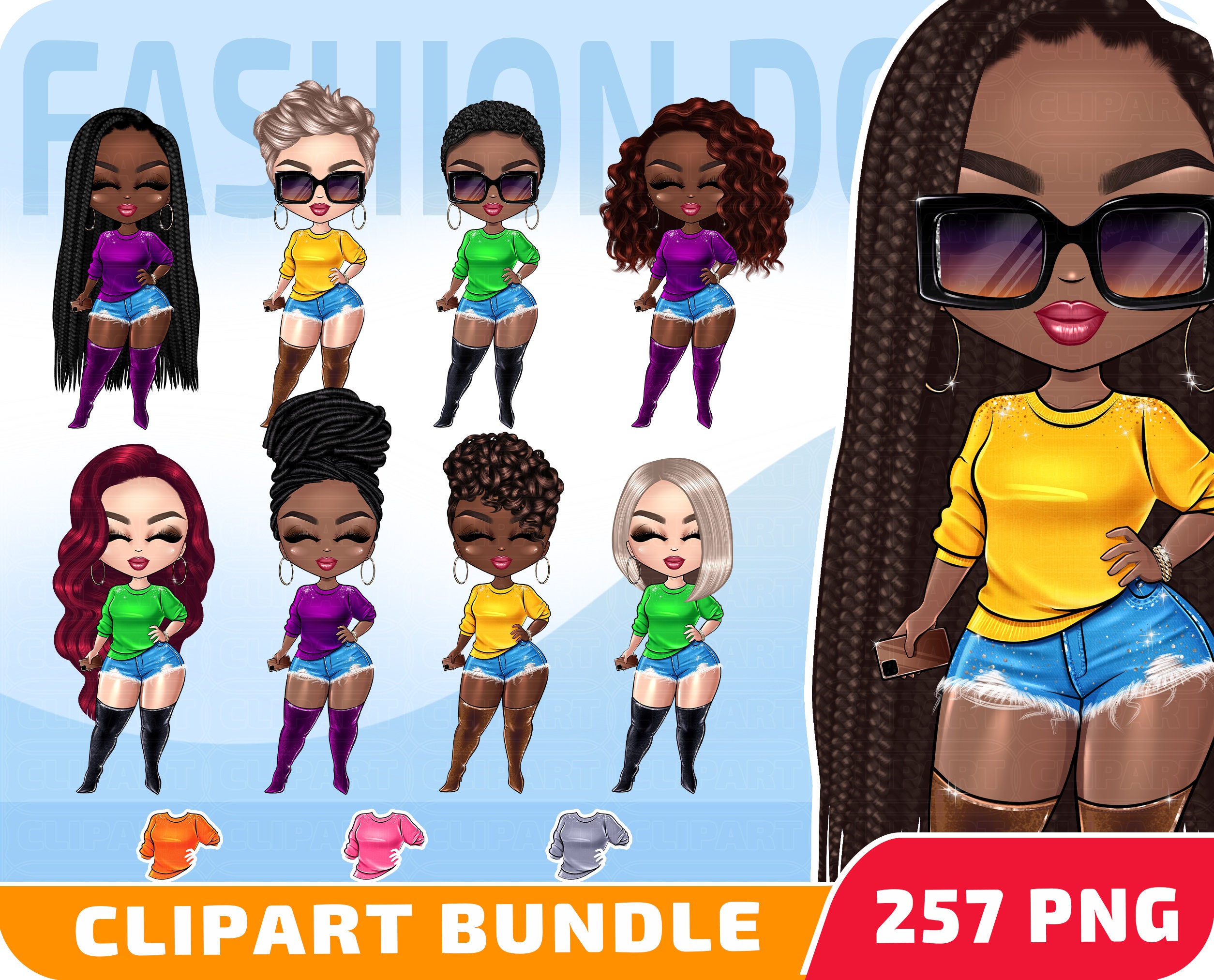 African American Cute Fashion Dolls Clipart Bundle Cute Chibi Dolls PNG