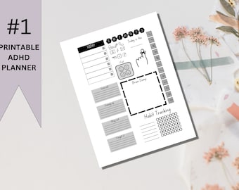 Puede incluir: Un planificador imprimible en blanco y negro con secciones para "Hoy", "Descarga de cerebro" y "Seguimiento de hábitos". El planificador también incluye un calendario, un rastreador de estado de ánimo y una sección para "Próximamente", "Fuera" y "Olvídalo".