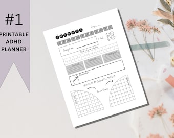 Puede incluir: Un planificador imprimible diseñado para personas con TDAH. El planificador incluye secciones para tareas diarias, seguimiento del estado de ánimo, descargas de cerebro y un calendario. El planificador es blanco y negro con un diseño simple.