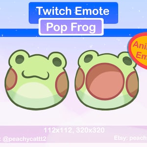 May include: Animated Twitch emote featuring a green frog with brown spots. The frog has a wide open mouth in one frame and a closed mouth in the other frame. The emote is available in two sizes: 112x112 and 320x320 pixels.