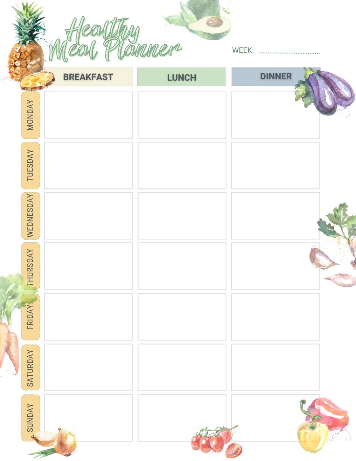 Weekly Meal Planner Printable Pdf | Colorful Veggie Design | Watercolor ...