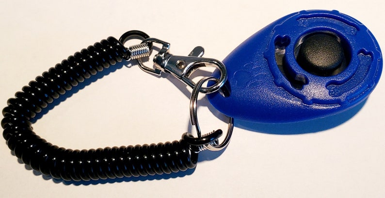 May include: A blue pet training clicker with a black button, attached to a black coiled cord and a metal clasp. The clicker is designed to assist in positive reinforcement training.