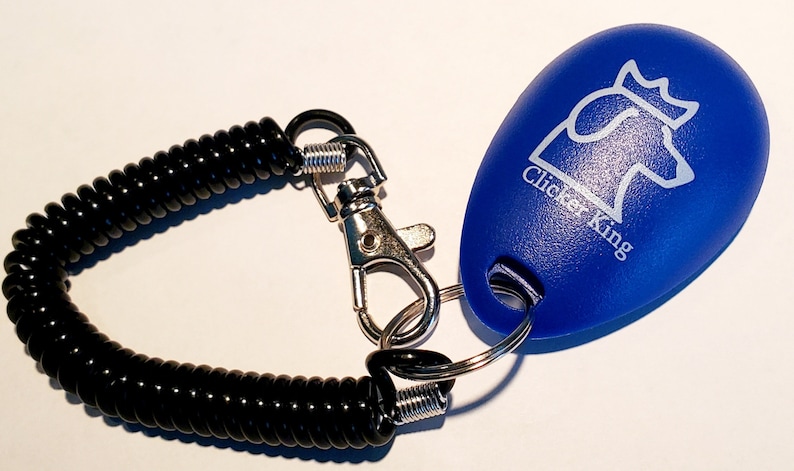 May include: A blue Clicker King dog training clicker with a silver metal clasp and a black coiled wrist strap. The clicker has a white graphic of a dog's head with a crown.