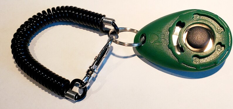 May include: A green pet training clicker with a black button, connected to a black coiled cord and a metal clip. The clicker has a paw print design and is attached to a metal ring.
