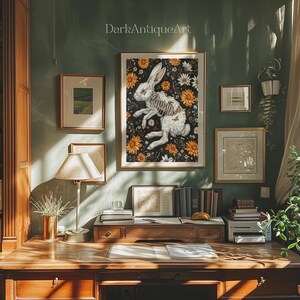 Gothic Nature Art, Macabre Rabbit Skeleton Amidst Dark Floral Bloom ...