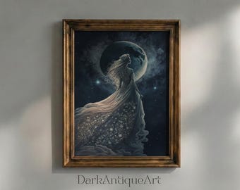Lámina artística de la Mujer Celestial, arte mural de la Diosa de la Luna, ilustración fantástica