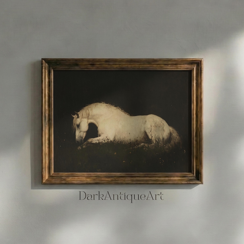 A striking image of an ethereal horse, set against a shadowy landscape, designed to bring an antique flair to your decor needs.