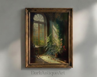 Vintage Overgrown Window Oil Painting: Botanical Victorian Art (Digital Download)
