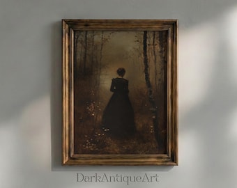 Dark Academia Woman in Forest Art Print: Moody Gothic Decor (Digital Download)