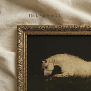 This digital download offers an ethereal depiction of a horse, ideal for creating a focal point in a dark academia styled room.