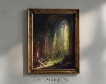 Victorian Overgrown Library Oil Painting: Dark Academia Baroque Art (Digital Download)