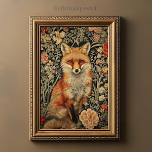 Vintage Fox Print Digital Art Cottagecore Fox Decor Floral Botanical Wall Art Dark Academia Fox Illustration Antique Animal Print
