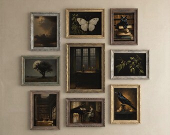 Set met kunstprints in Dark Academia-stijl, gotische, heksenachtige Victoriaanse galerijwand, sfeervolle printbare decoratie om te downloaden.