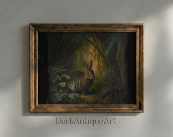 Vintage Hare Oil Painting: Moody Cottagecore Rabbit Print (Digital Download)