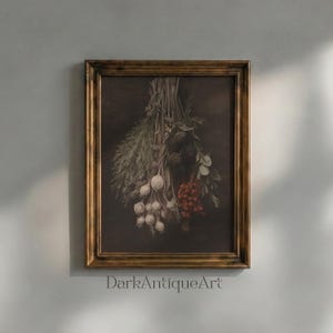 May include: A framed wall art print featuring a dark, moody still life painting of a bundle of hanging herbs, white garlic bulbs, and clusters of red berries against a deep, shadowed background, enclosed in a distressed dark wood frame.