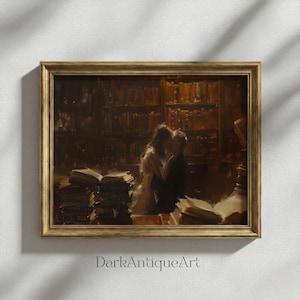 Vintage Library Kiss Art Print: Romantic Couple Painting (Digital Download)