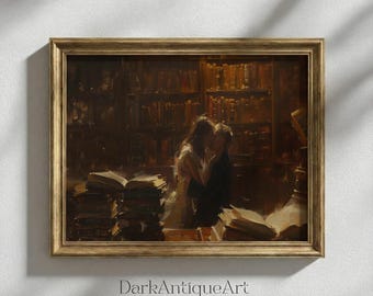 Vintage Library Kiss Art Print: Romantic Couple Painting (Digital Download)