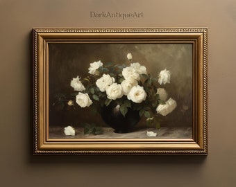 Moody Botanical Artwork, Vintage Floral Printable Wall Decor, Dark Academia Aesthetic, Antique Flower Oil Painting for Home Decor