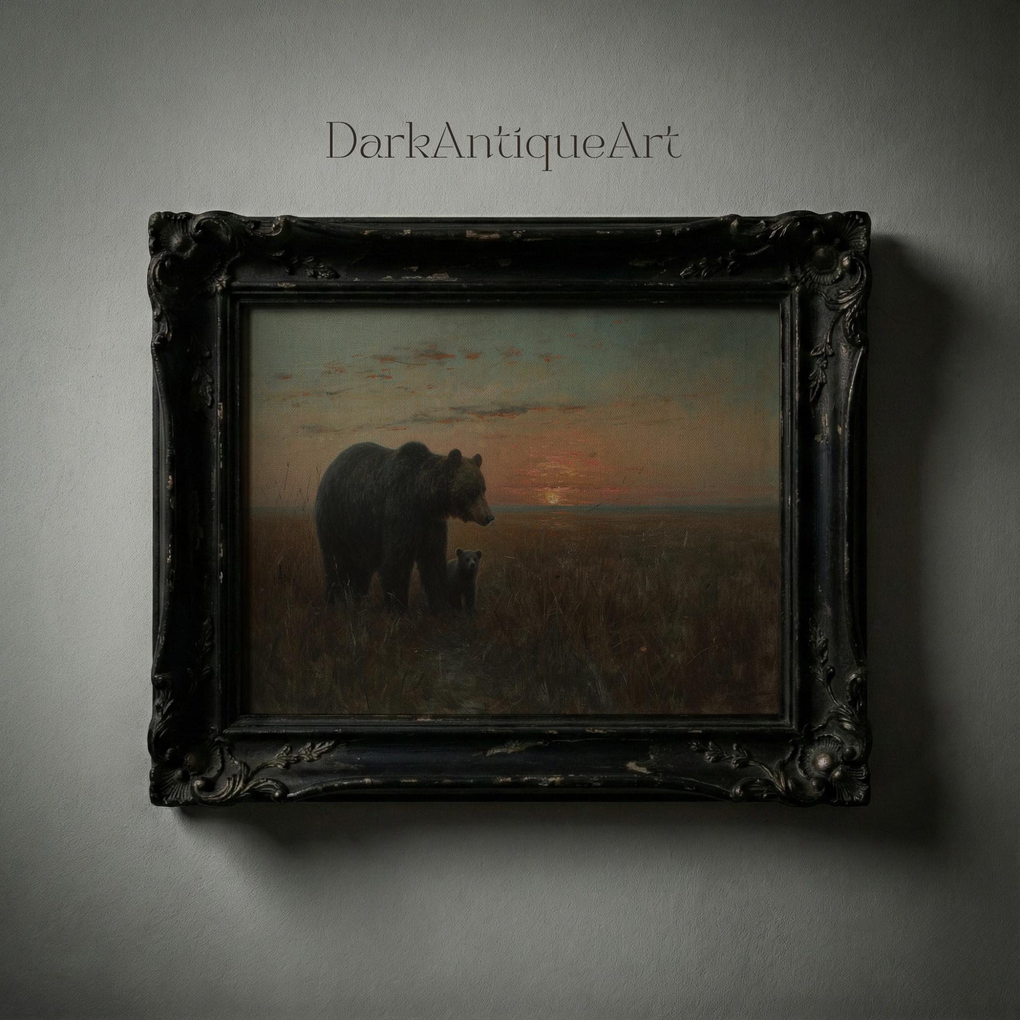 ヴィンテージのクマの油絵：母熊と子熊の夕焼けアート（デジタル