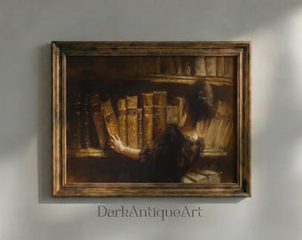Dark Academia Library Art Print: Vintage Bookshelf Painting (Digital Download)