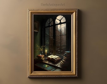 Vintage Victorian Window Desk Painting | Light Academia Print | Digital Printable | Moody Wall Art | Dark Academia Art, Book Wall Decor
