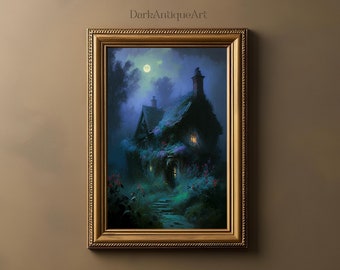 Vintage Cottage By Night | Dark Cottagecore Print | Dark Academia Art Decor | Dark Moody Wall Art | Vintage Fairycore | Goblincore