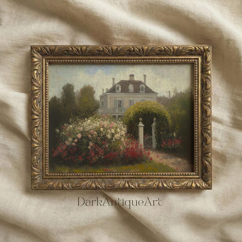 Victorian House Oil Painting: Vintage Rose Garden Art (Digital Download) image 1