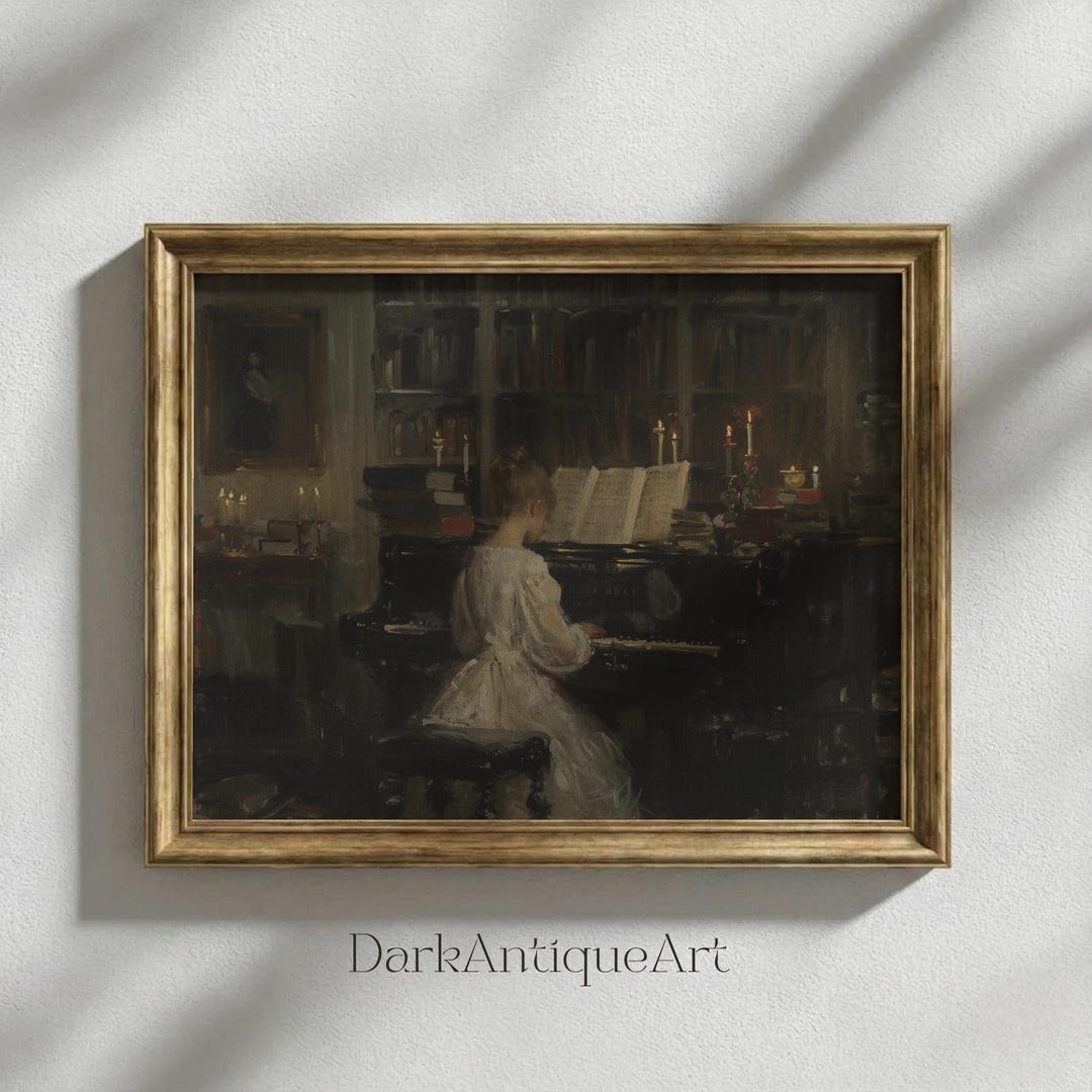 Victorian Piano Painting: Candlelit Library Scene, Vintage Art (digital ...