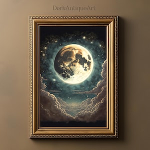 Celestian Mond, Mond und Sterne Vintage Gemälde | Himmlischer Druck | Dunkle Ästhetik | Gothic Wandkunst | Druckbare Kunst | Sofort Download