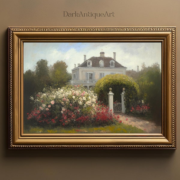 Victorian House Oil Painting | Vintage Muted Print | Cottagecore Print | Victorian Moody Wall Art | Rose Garden Art | Antique Art | 1900s