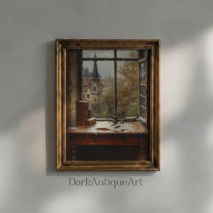 Dark Academia Painting: Gothic Study View, Moody Library Art (Digital Download)