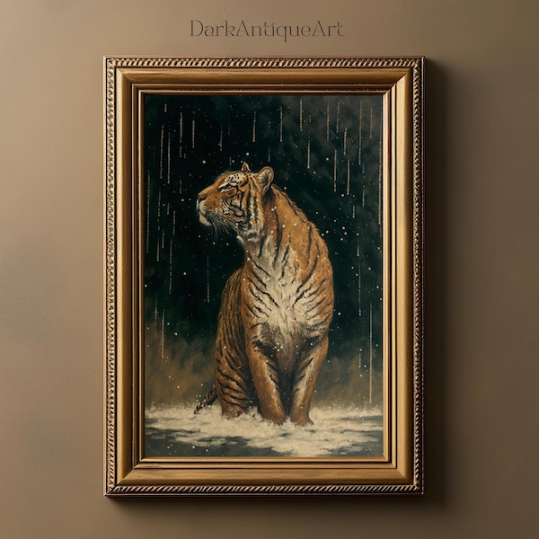 peinture à l’huile de tigre vintage | Académie claire et sombre | Art mural imprimable | Art mural d’animaux sauvages | Impression d’art animalier de la jungle | Téléchargement numérique